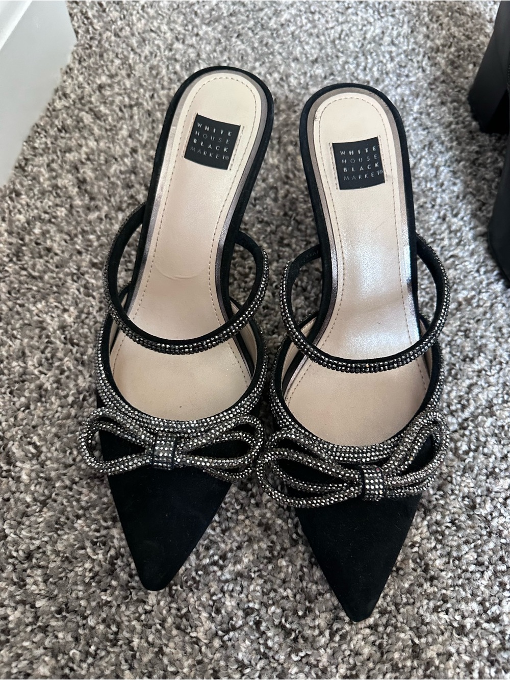 White House Black Market Black Crystal-Trim Bow Pointed Mules